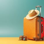 suitcase-straw-hat-yellow-blue-background