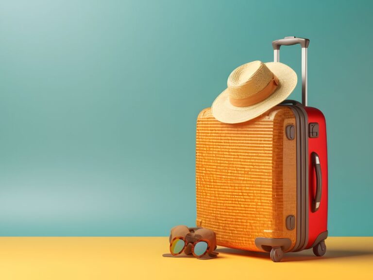 suitcase-straw-hat-yellow-blue-background