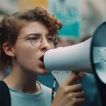 young-adult-speaker-announces-message-crowd-generated-by-ai