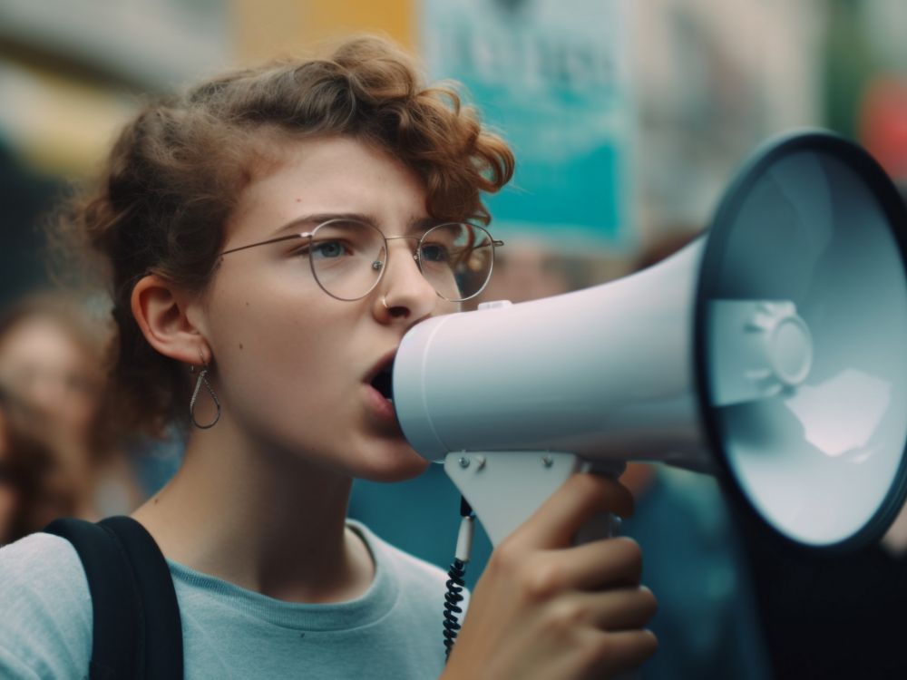 young-adult-speaker-announces-message-crowd-generated-by-ai